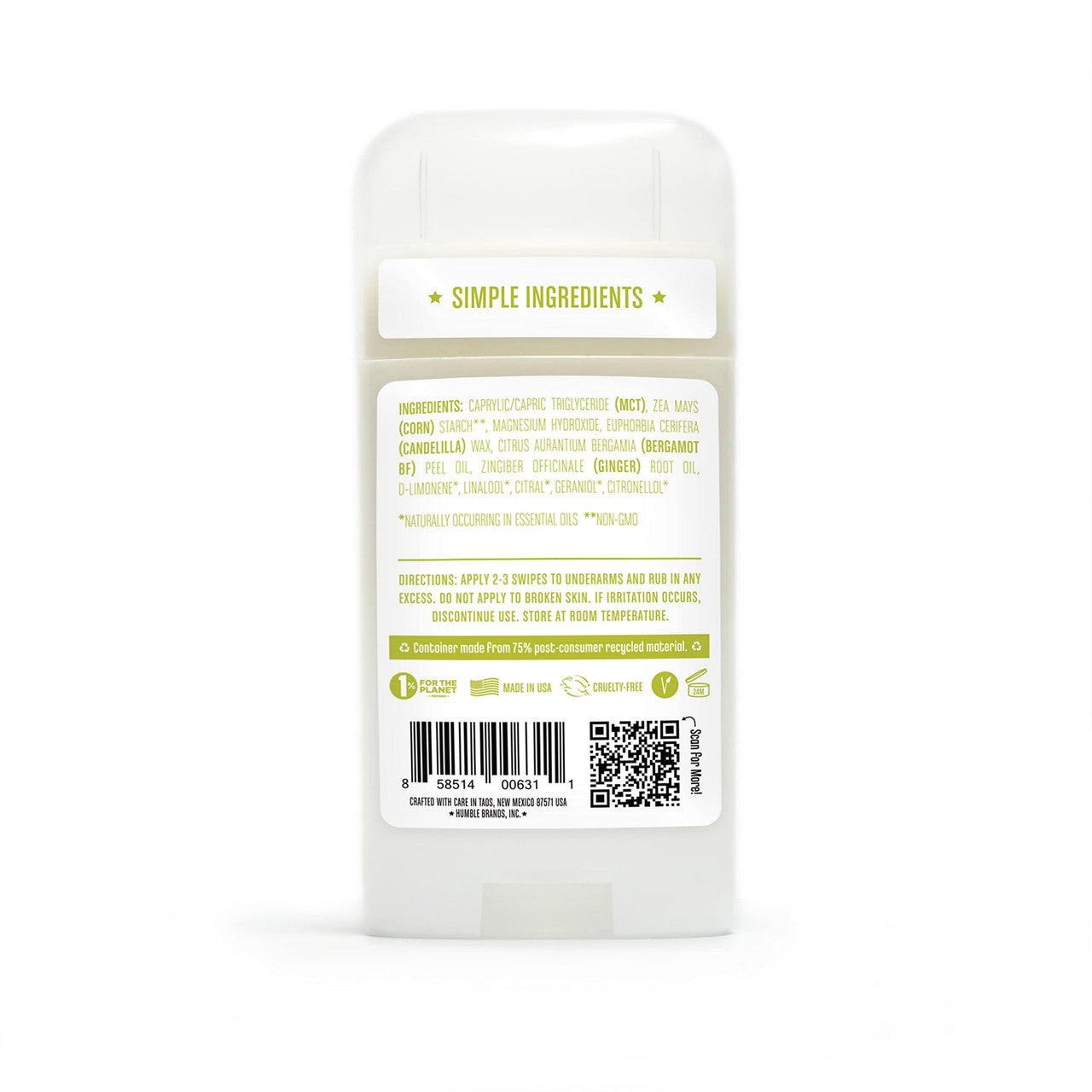 Humble Brands Vegan Sensitive Deodorant, Bergamot And Ginger, 2.5 Oz