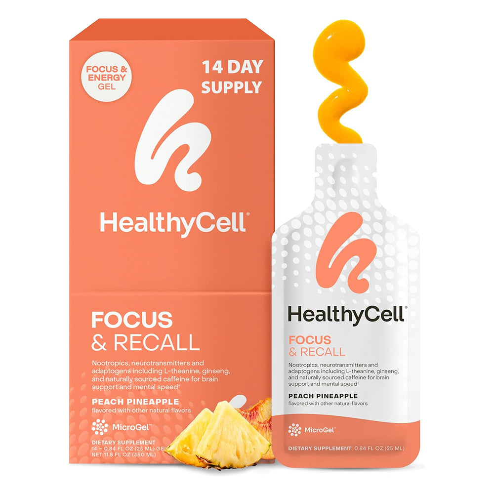 Healthycell Focus and Recall Daily Liquid Brain Supplement for Focus and Memory Peach Pineapple Flavor 14Ea