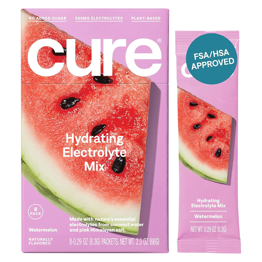 Cure Hydration Plant Based Electrolyte Vegan Drink Mix Powder Watermelon Naturally Flavored 8Ea