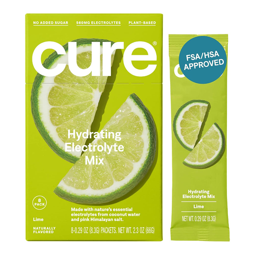 Cure Hydration Plant Based Electrolyte Vegan Drink Mix Powder Lime Flavor 8Ea