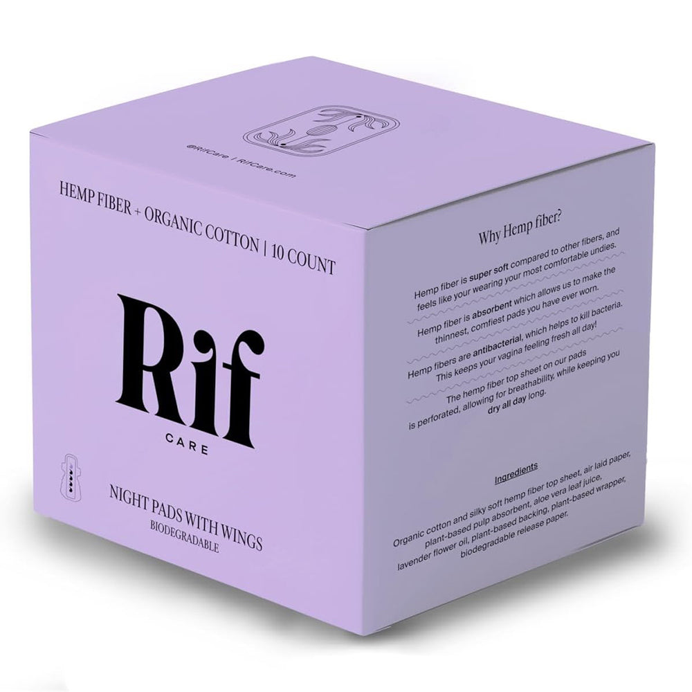 Rif Care Organic Night Pads with Hemp Fiber for Overnight Period Protection 10Ea