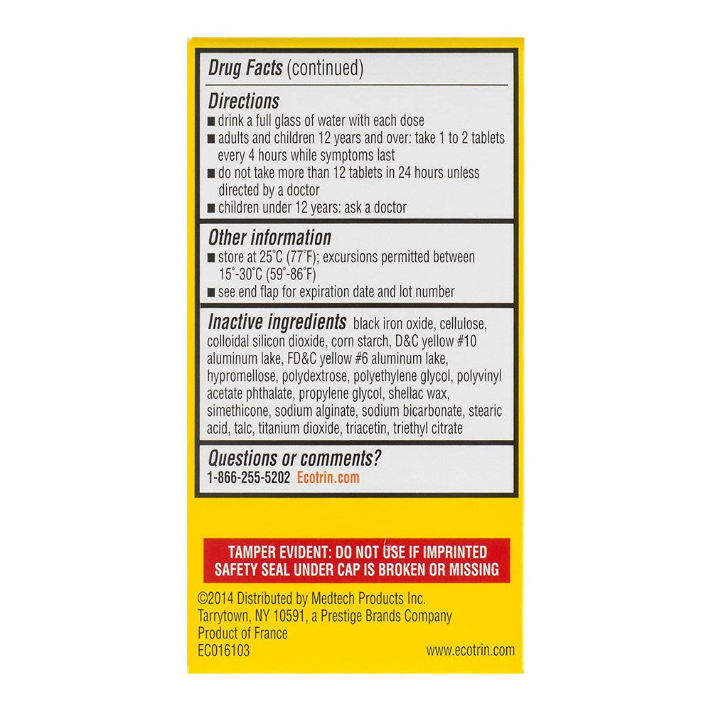 Ecotrin Regular Strength 325 mg Pain Reliever Tablets, 125 Ea