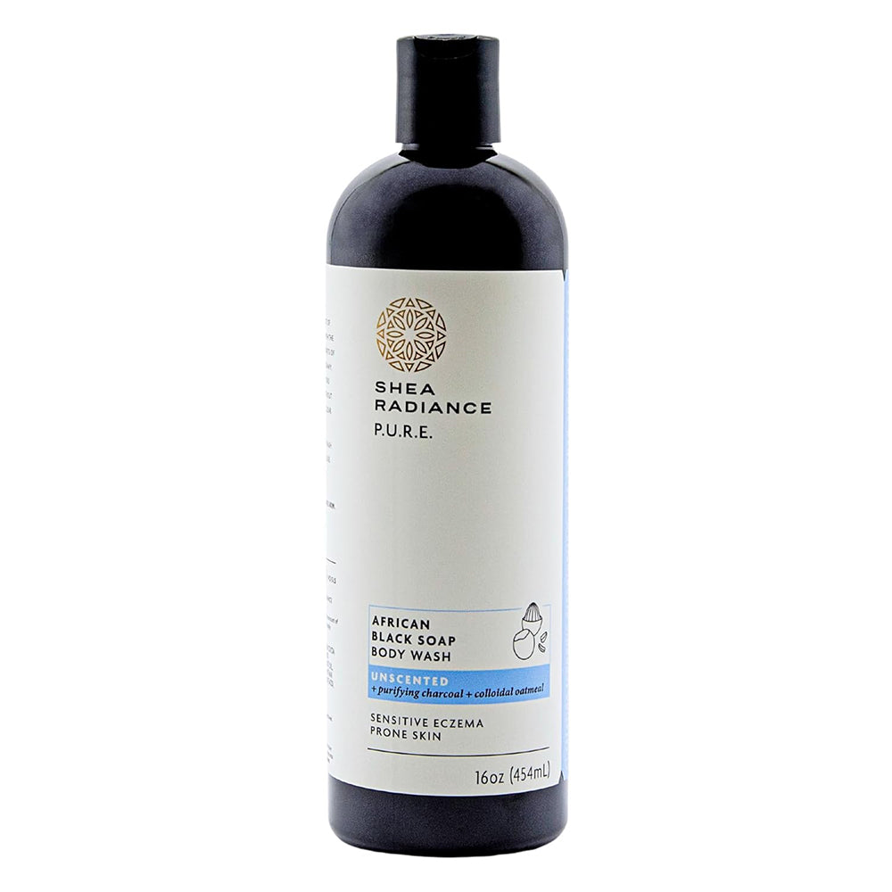 Shea Radiance PURE African Black Soap Body Wash for Dry Skin Sensitive Eczema Prone Skin Unscented 16Oz (454ml)