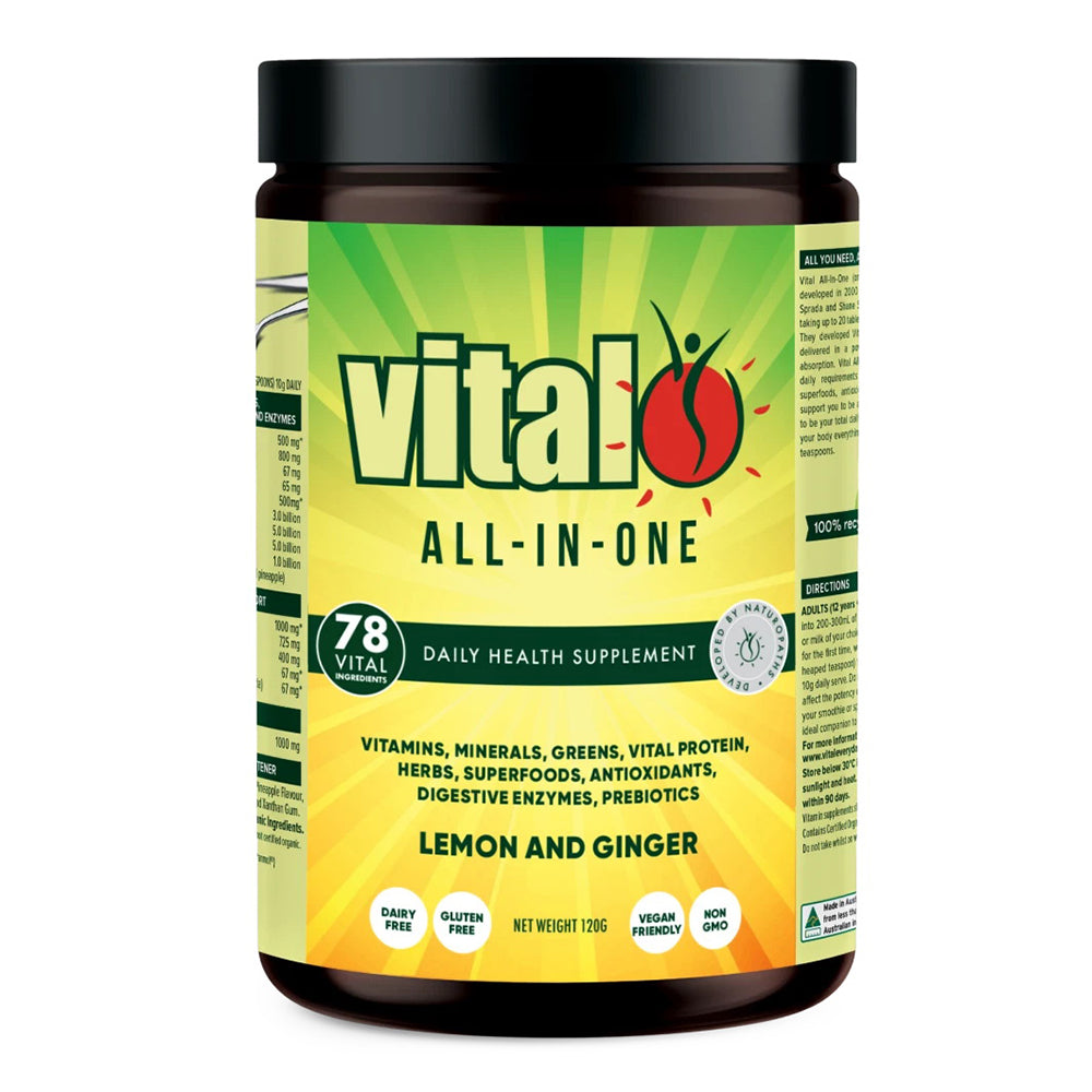 Vital All in One Lemon and Ginger with Herbs Vitamins and Minerals Antioxidant Digestive Enzymes Prebiotics 120g