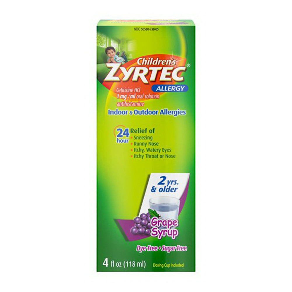 Zyrtec Childrens Allergy Syrup Grape Flavor, Sugar and Dye Free, For 2+ Years - 4 oz