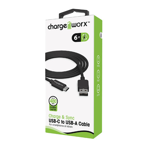 Chargeworx USB C to USB A Sync and Charge Cable 6 Feet Black 1Ea