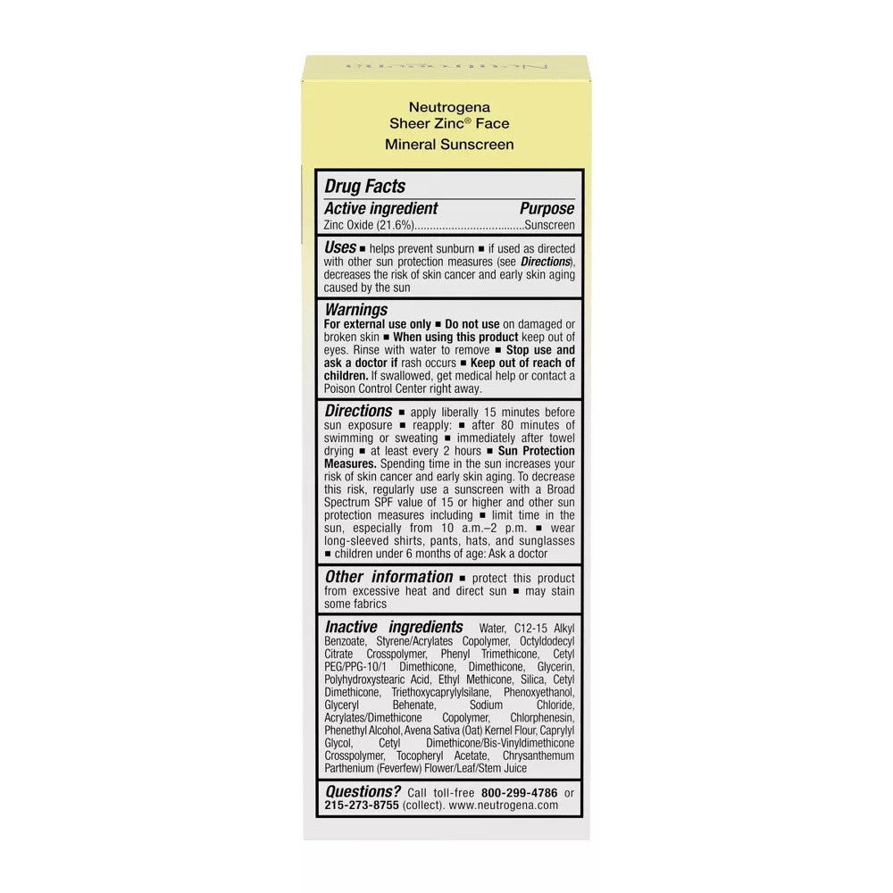Neutrogena Sheer Zinc Face Sunscreen with SPF 50, 2 Oz