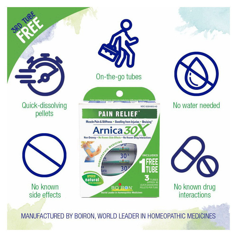 Boiron Arnica 30 X Pain Relief Homeopathic Pellet Tubes, 3 Ea