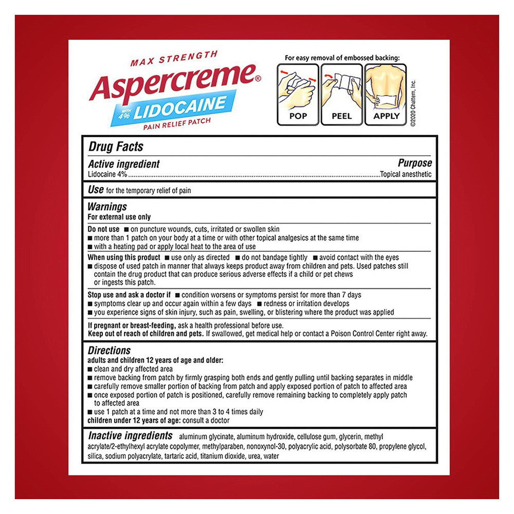 Aspercreme 4% Lidocaine Max Strength Odor Free Pain Relief Patch, 5 Ea