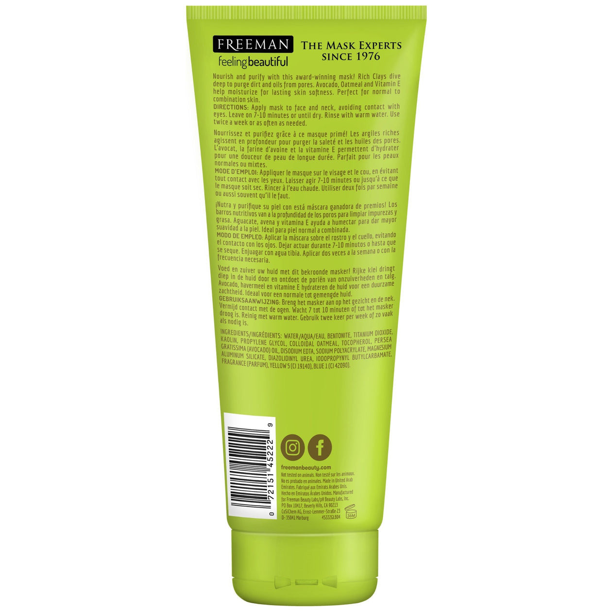 Freeman Feeling Beautiful Avacado And Oatmeal Clay Mask, Normal Combo Skin, 6 oz