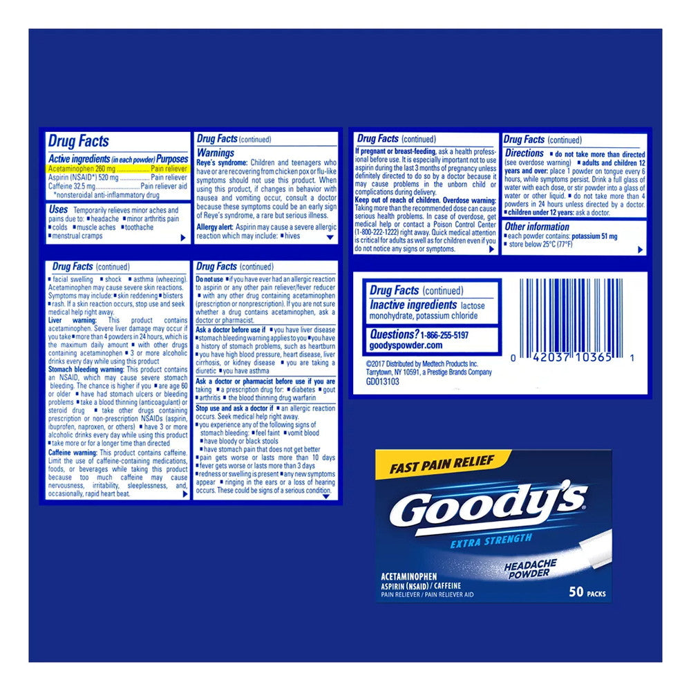 Goodys Extra Strength Headache and Pain Relief Powder Aspirin 50 Count, 1 Ea