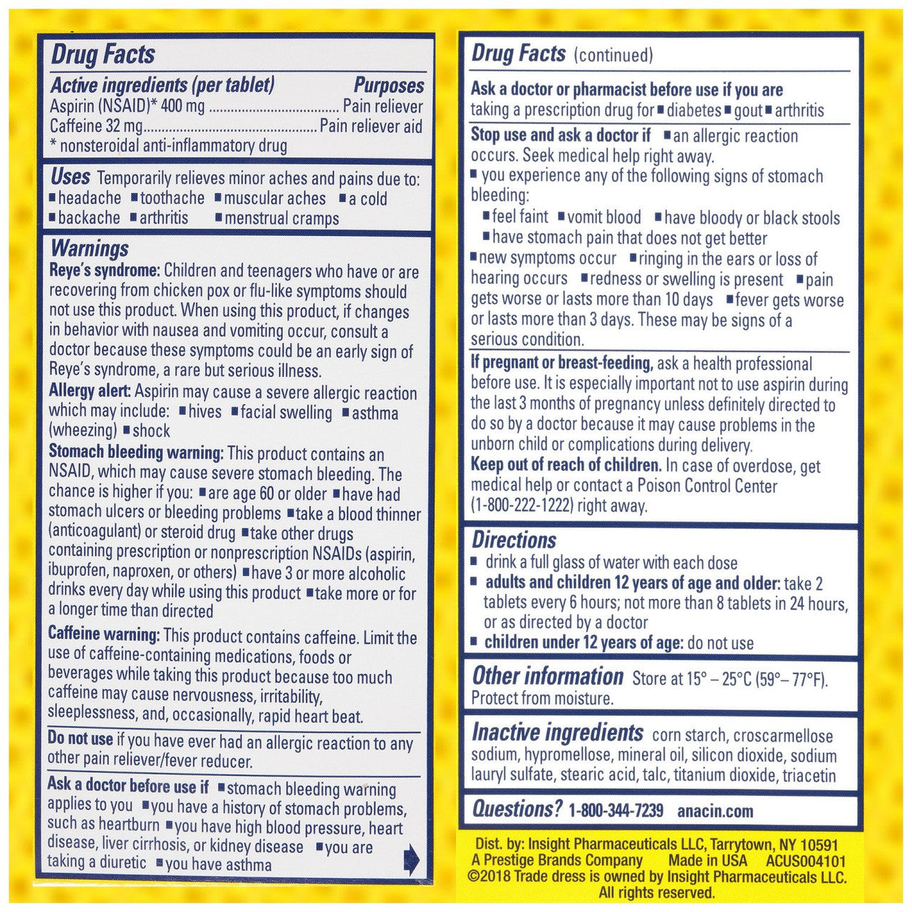 Anacin Fast Pain Relief Pain Reducer Aspirin Tablets, 100 Tablets