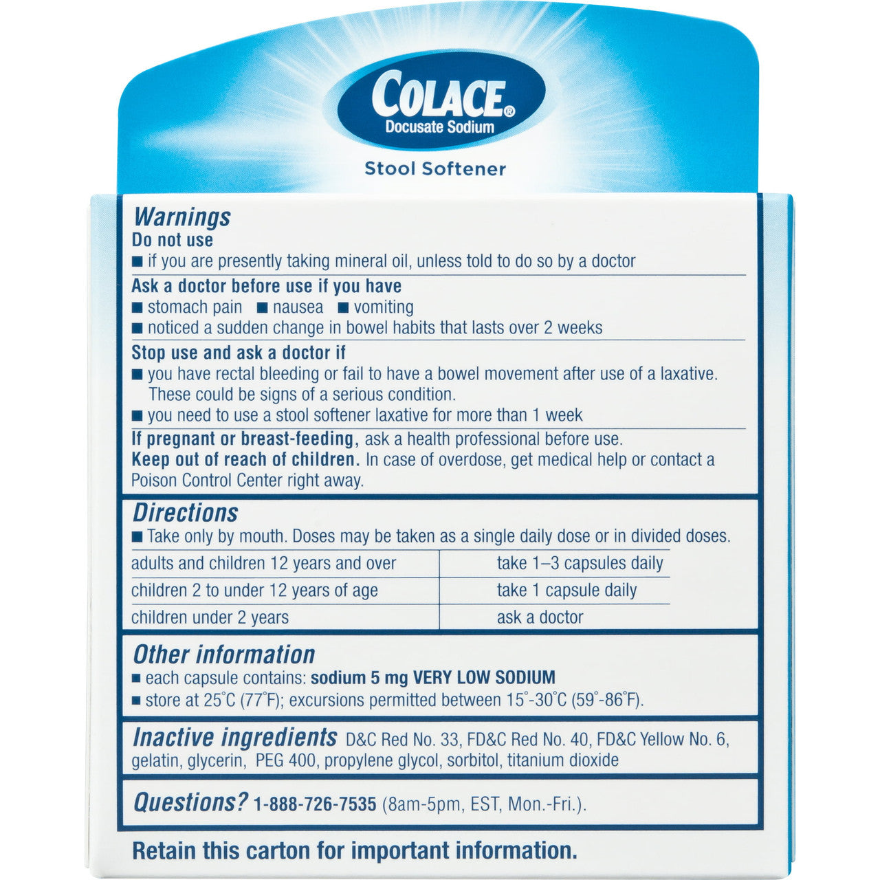 Colace Docusate Sodium 100 Mg Stool Softener Regular Strength Capsules, 10 Ea