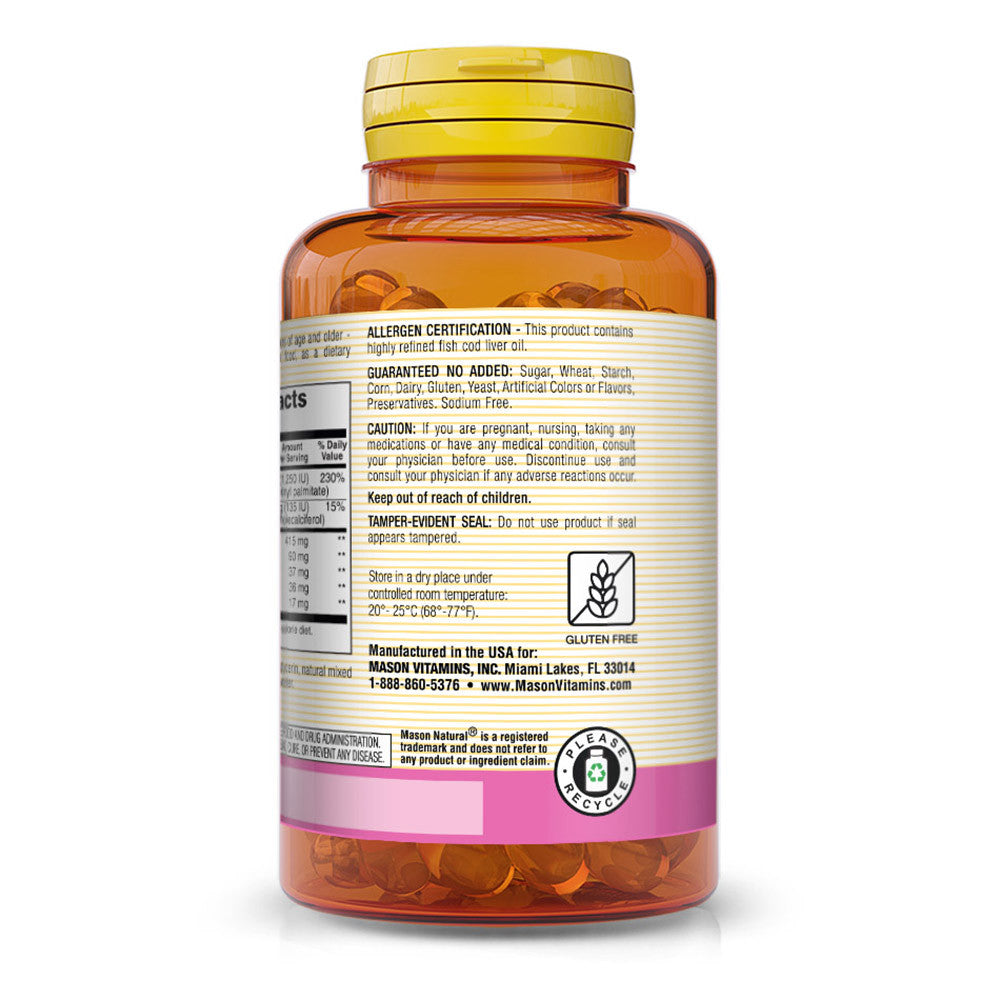 Mason Natural Omega - 3 Cod Liver Oil With Vitamin A And D3 Food Supplement Softgels - 100 Ea