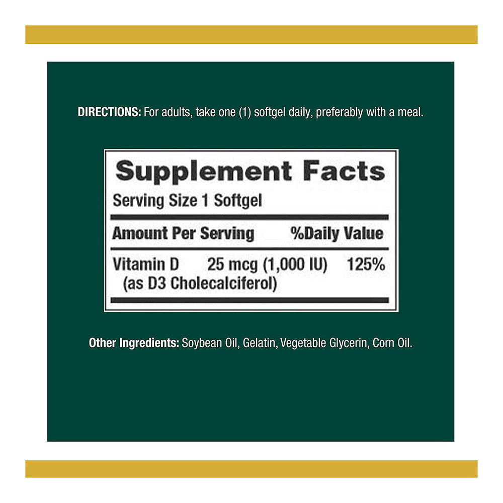 Nature's Bounty Vitamin D3 Softgels, 25 mcg, 1000 IU, 250 Ct