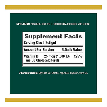 Nature's Bounty Vitamin D3 Softgels, 25 mcg, 1000 IU, 250 Ct