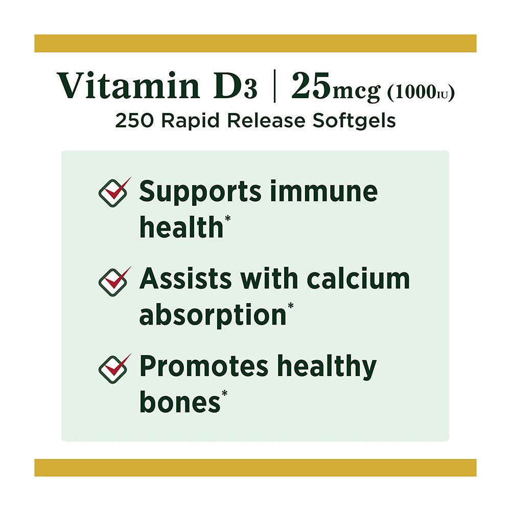 Nature's Bounty Vitamin D3 Softgels, 25 mcg, 1000 IU, 250 Ct