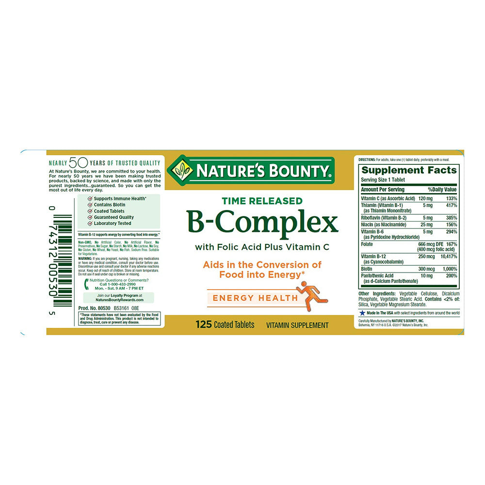 Natures Bounty High Potency Time Released B Complex Tablets, 125 Ea
