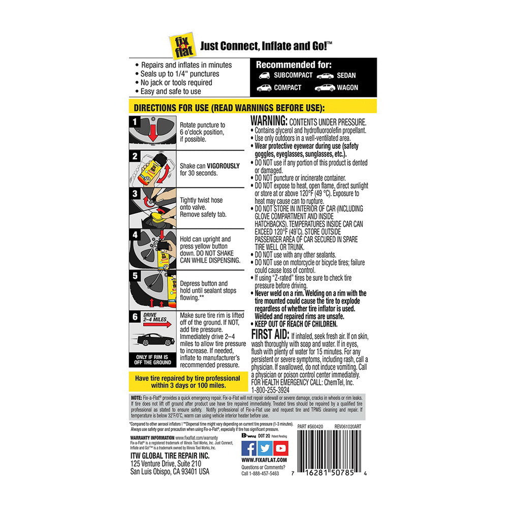 Fix-A-Flat Eco-friendly Aerosol Tire Inflator, Standard Tires, 16 Oz