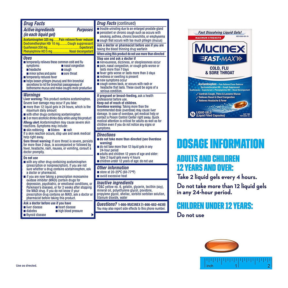 Mucinex Maximum Strength Cold, Flu, & Sore Throat Liquid Gels - 16 ea