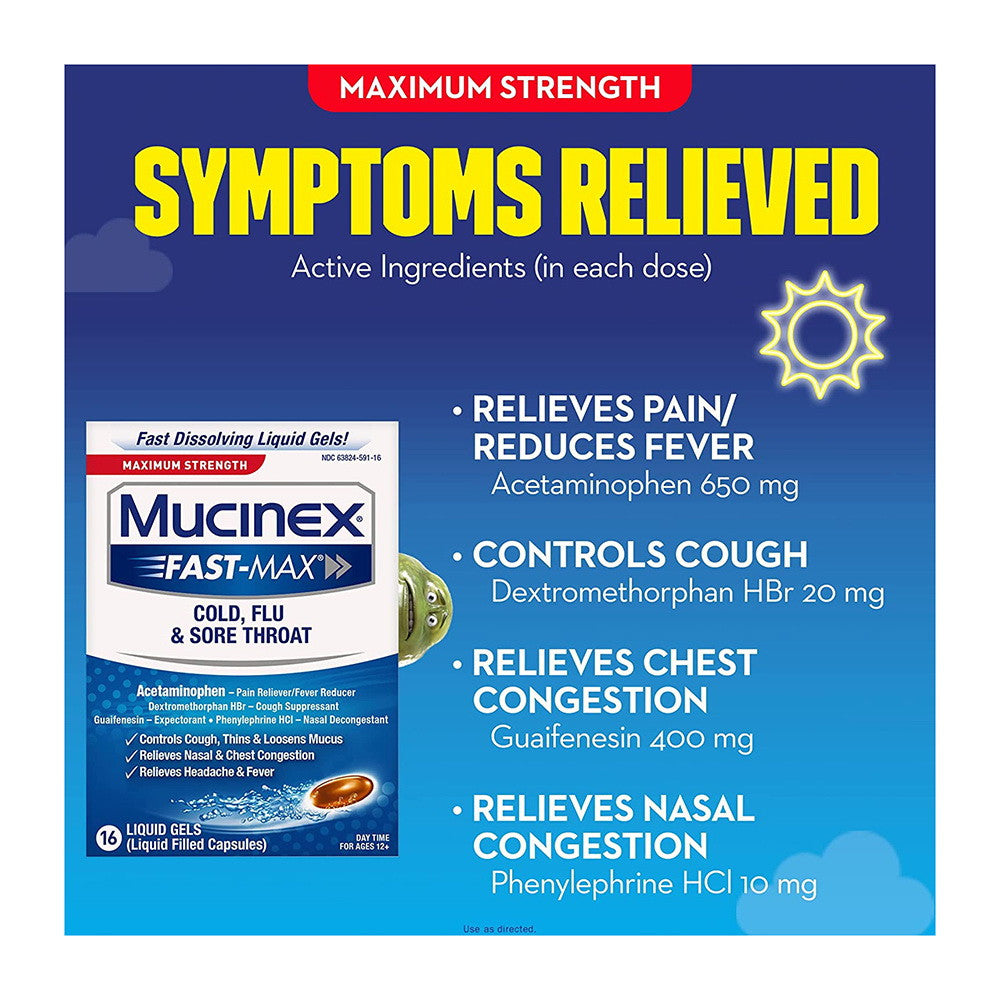 Mucinex Maximum Strength Cold, Flu, & Sore Throat Liquid Gels - 16 ea