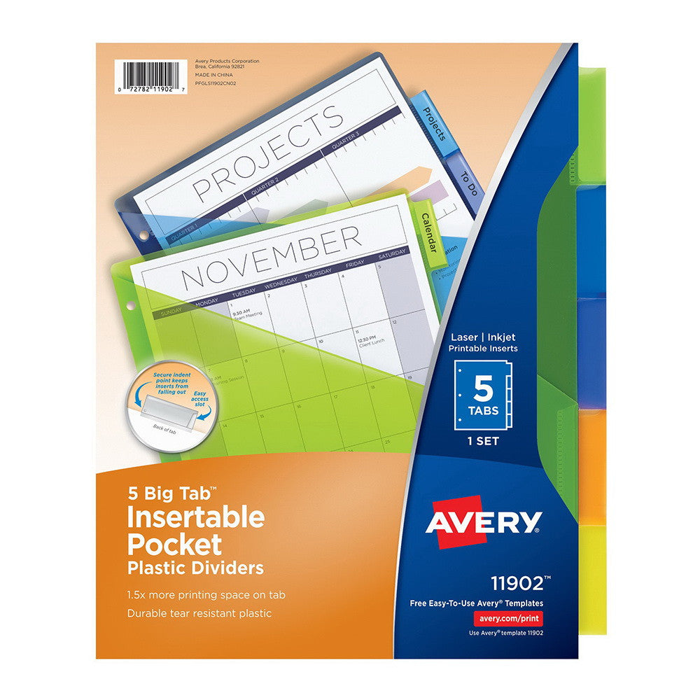 Avery Insertable Plastic Pocket Divider, Assorted, Big Tab, 5 Tab
