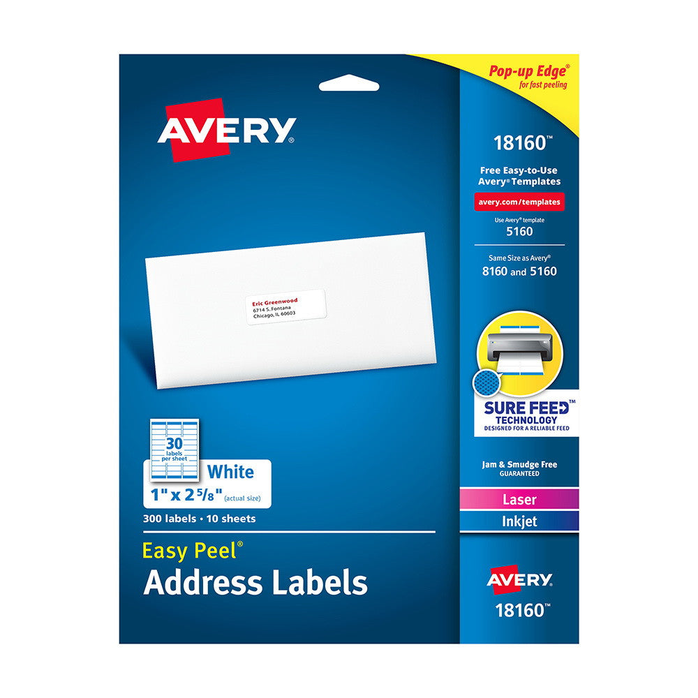 Avery 18160 White Easy Peel Address Ink Jet Labels 30 Up, 1 x 2-5/8 Inches, 10 Ea
