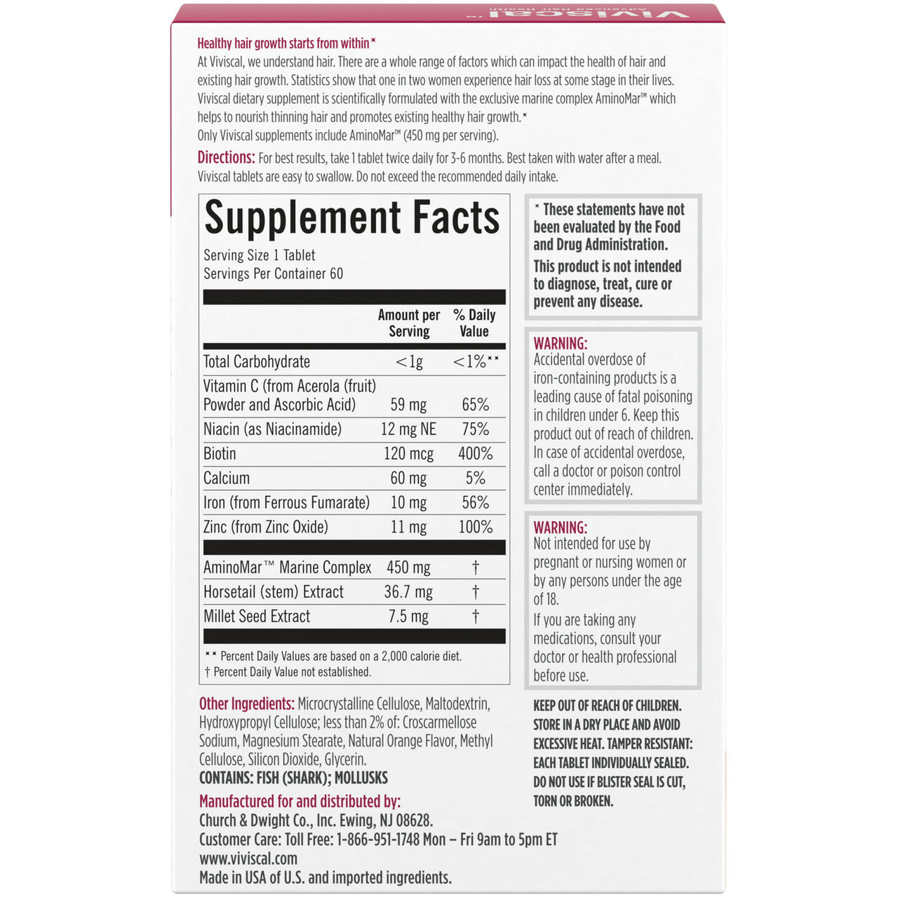 Viviscal Promotes Hair Growth Clinically Proven Dietary Supplement, 60 ea