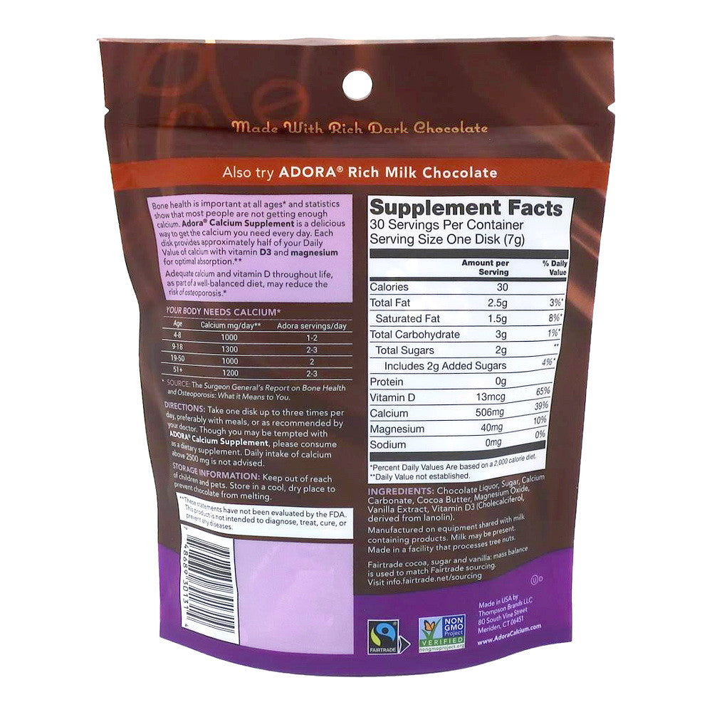 Adora Calcium Supplement Disk, 500 Mg Organic Dark Chocolate, 30 Ea
