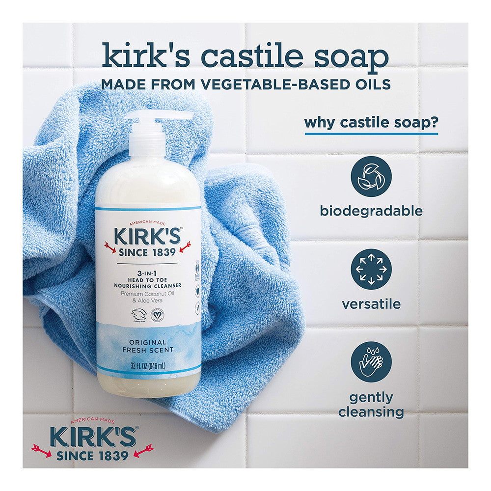 Kirks Castile 3-in-1 Head To Toe Nourishing Cleanser, Original Fresh Scent, 32 Oz
