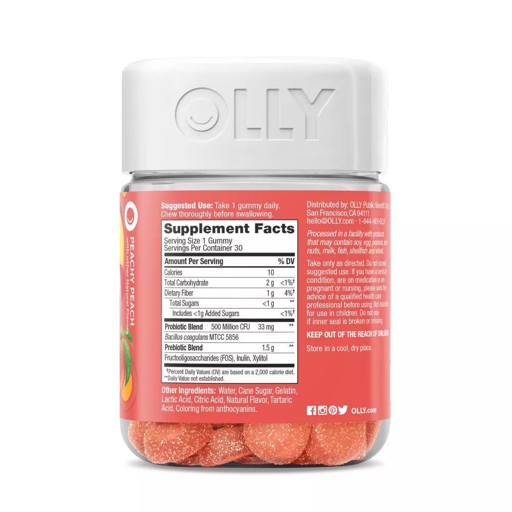 Olly Probiotic and Prebiotic Gummies, Peachy Peach, 30 Ea