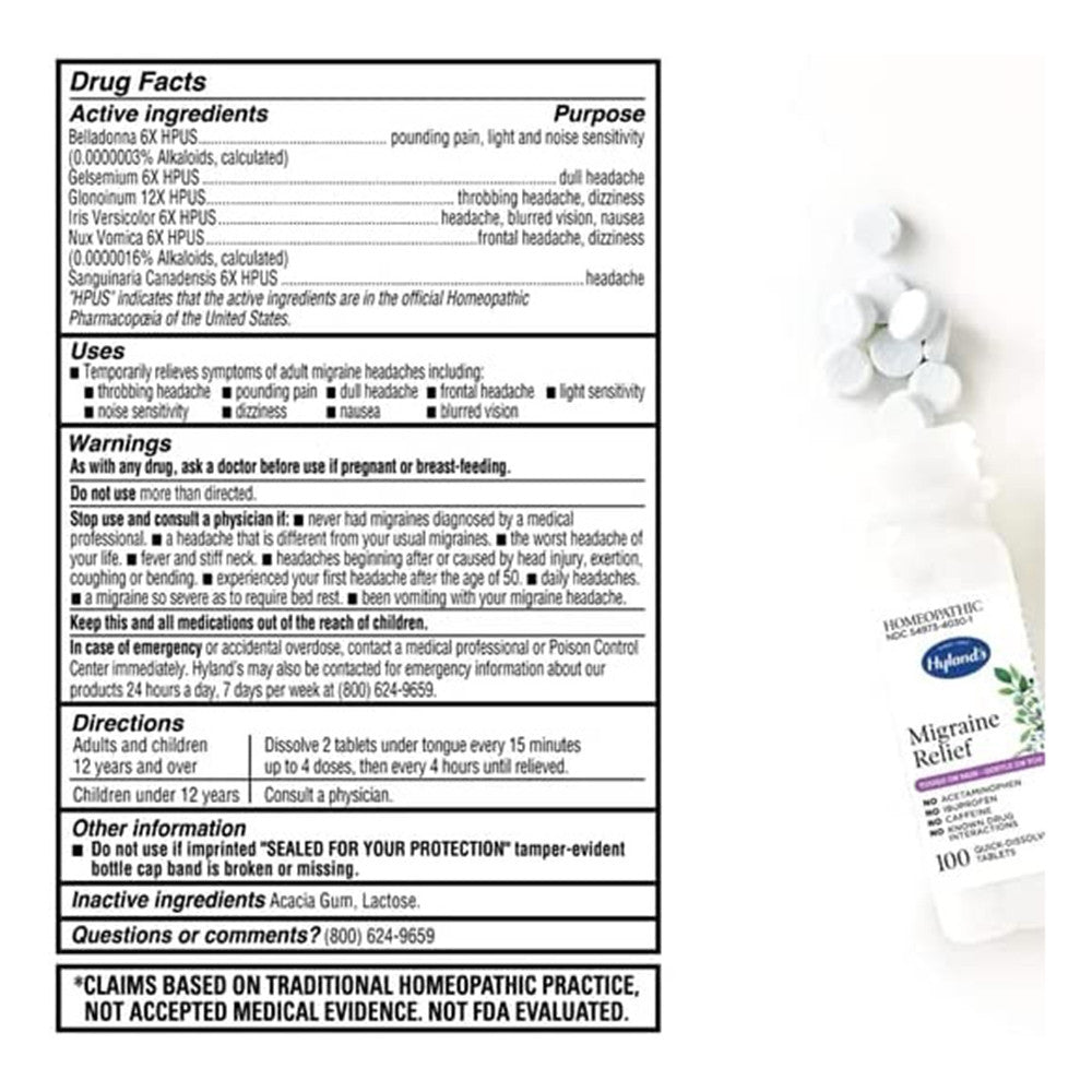 Hylands Migraine Relief Quick Dissolving Tablets, 100 Ea