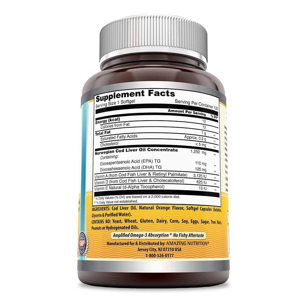 Amazing Omega Norwegian Cod Liver Oil 1250mg Orange Softgels, 120 Ea