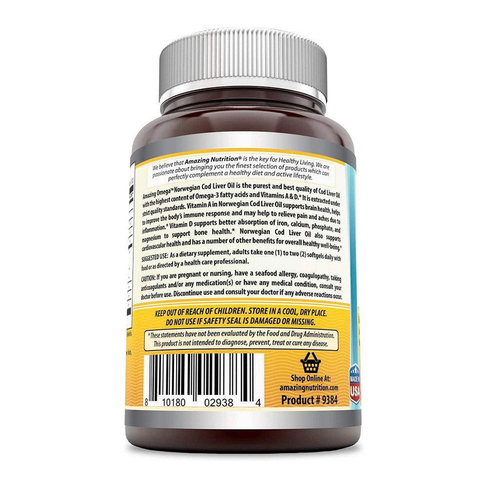 Amazing Omega Norwegian Cod Liver Oil 1250mg Orange Softgels, 120 Ea