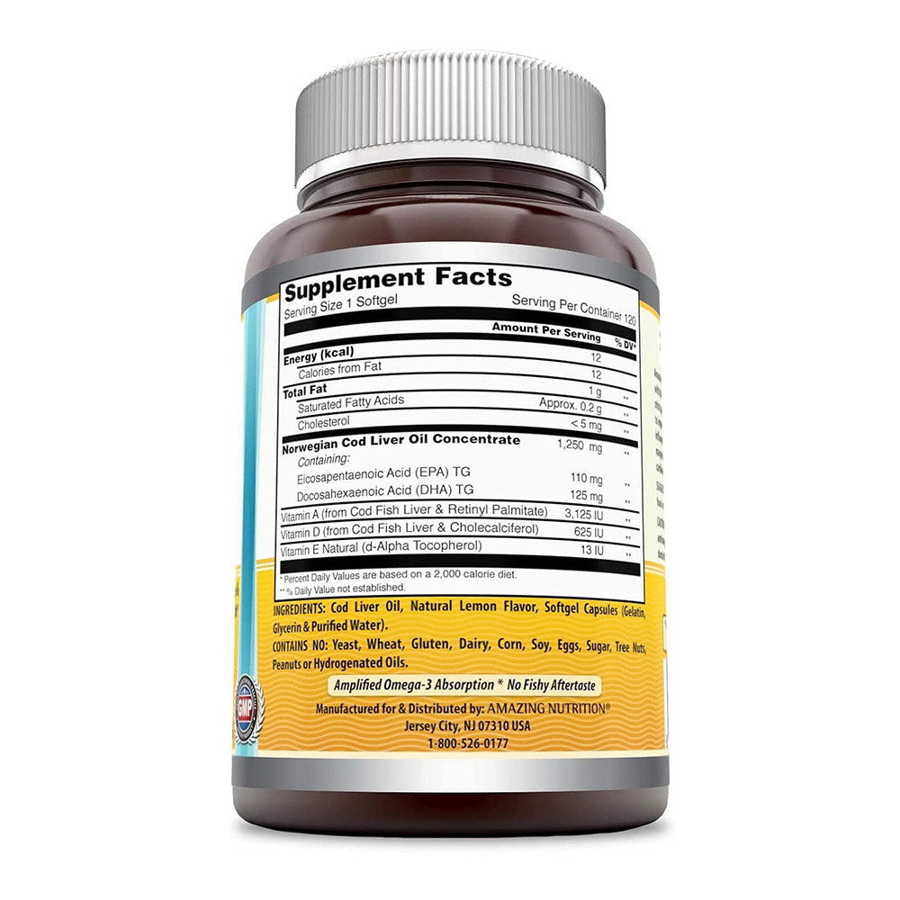 Amazing Omega Norwegian Cod Liver Oil 1250mg Softgels (Orange), 120 Ea