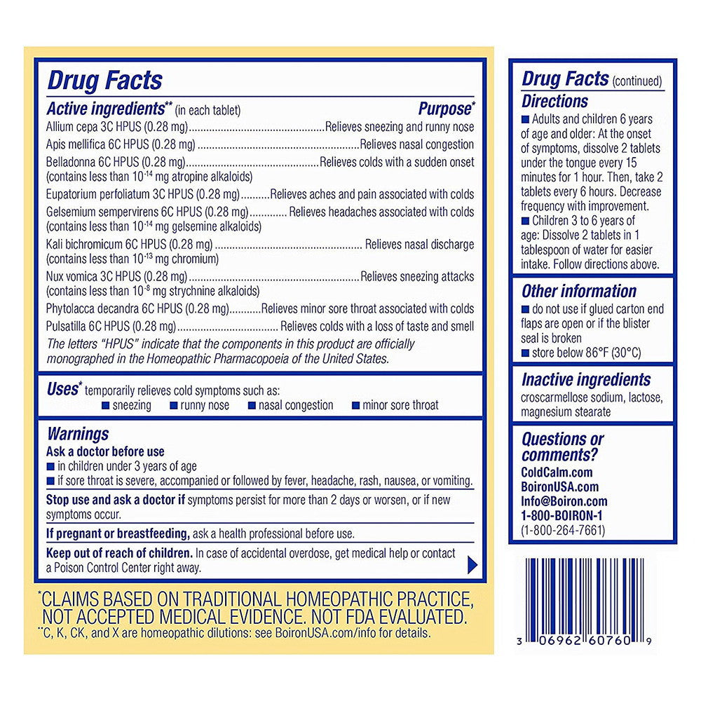 Boiron Coldcalm Cold Relief Homeopathic Tablets, 60 Ea