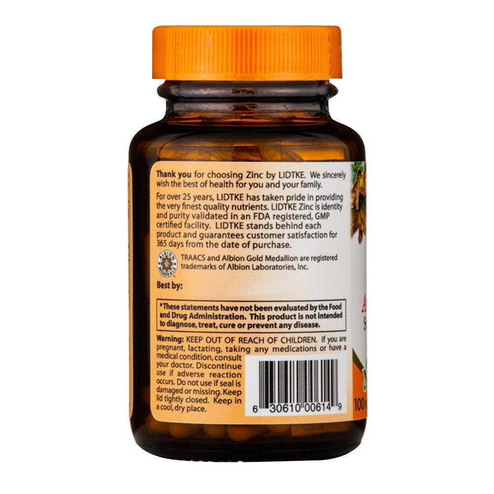 Lidtke Zinc Amino Acid Chelate Dietary Supplement, 100 Ct