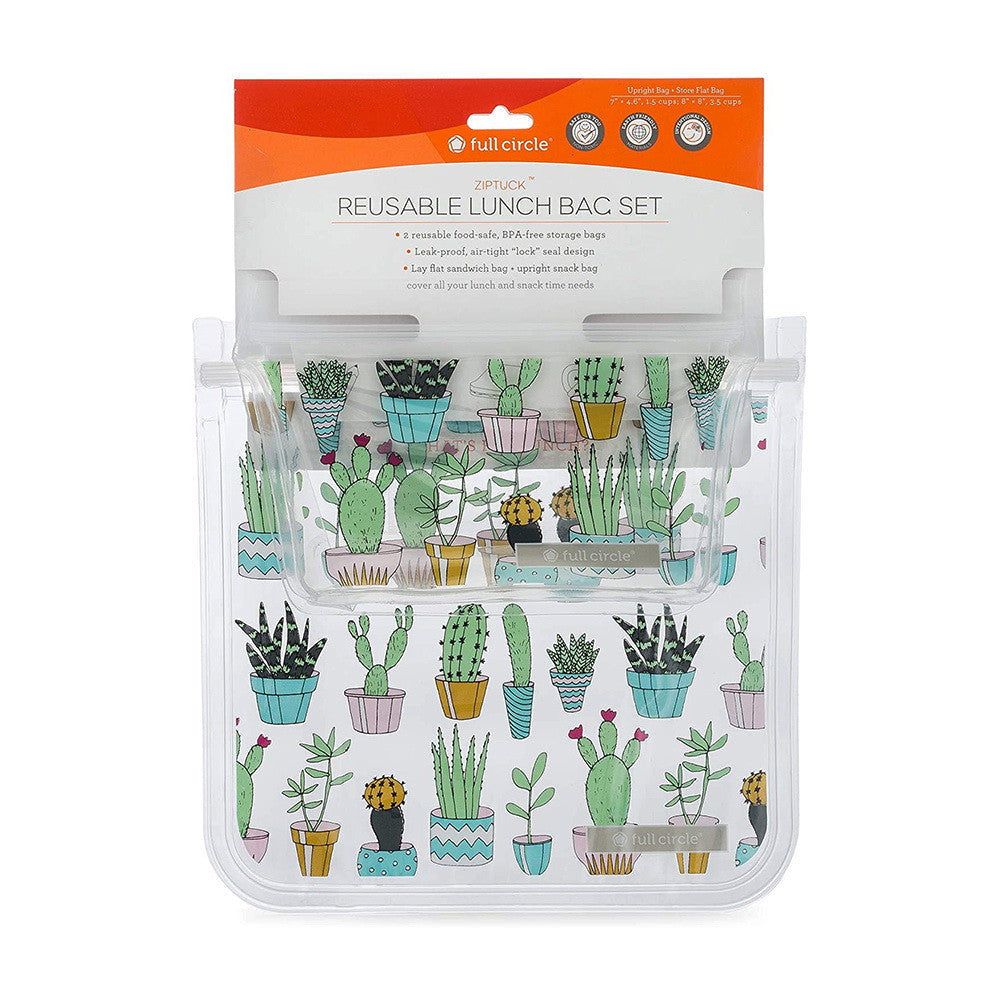 Full Circle ZipTuck Reusable Plastic Food and Storage Lunch Bag, Cactus Party, Set of 2