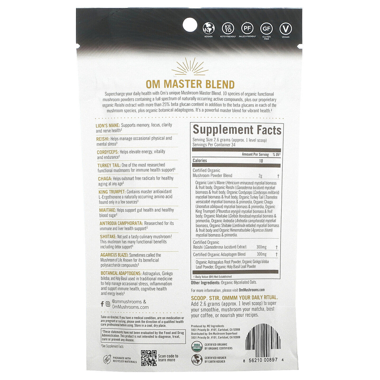 Om Organic Mushroom Master Blend Supplement Powder, 3.17 Oz