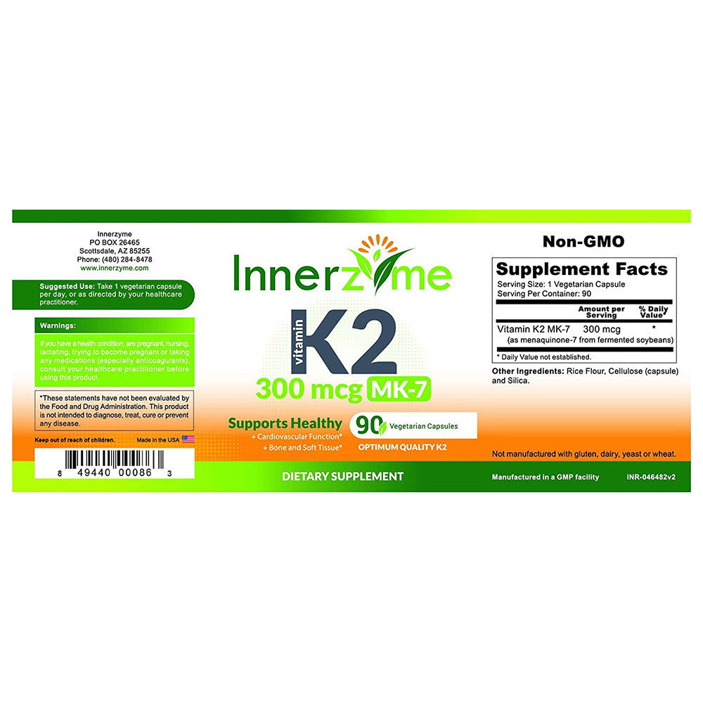 Innerzyme Vitamin K2 Mk-7 300 mcg Vegetarian Capsules, 90 Ea