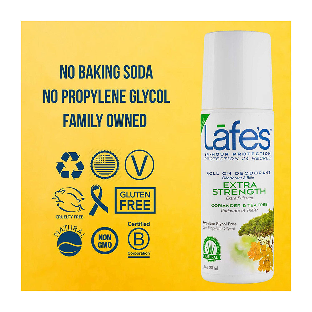 Lafes Roll-On Deodorant, Extra Strength Coriander And Tea Tree, 2.5 Oz