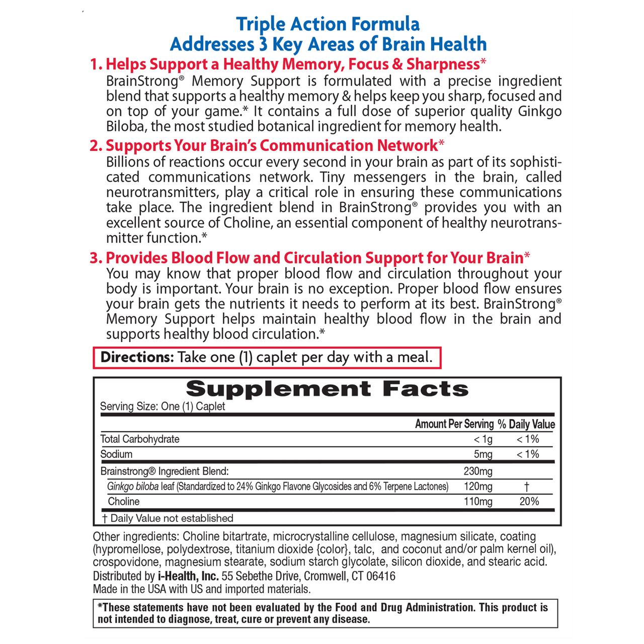 Brain Strong Memory Caplets, Supports Sharpness, Mental Focus, & Concentration, 30 Ct