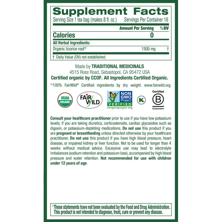 Traditional Medicinals Caffeine Free Organic Licorice Root Herbal Tea Bags, 16 Ea