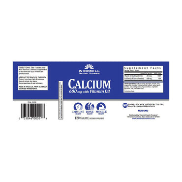 Windmill Calcium 600mg with Vitamin D3 Tablets, 120 Ea