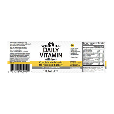 Windmill Daily Vitamin Tablets With Iron Tablets, 100 Ea