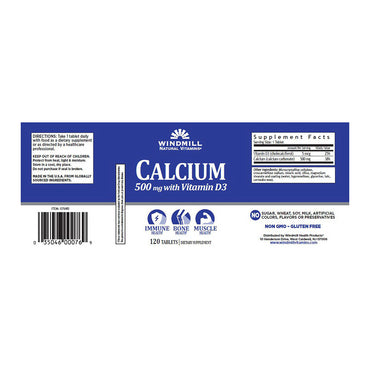 Windmill Calcium 500mg with Vitamin D3 Tablets, 120 Ea
