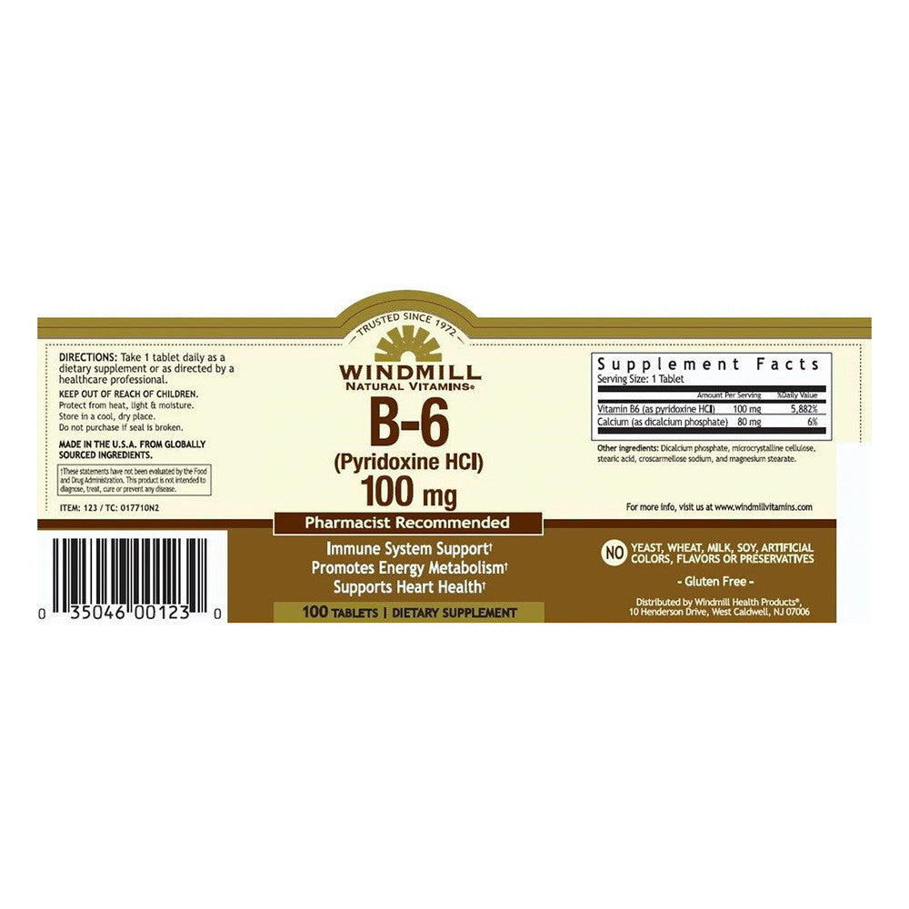 Windmill Natural Source Vitamin B-6, 100 Mg Tablets - 100 Ea