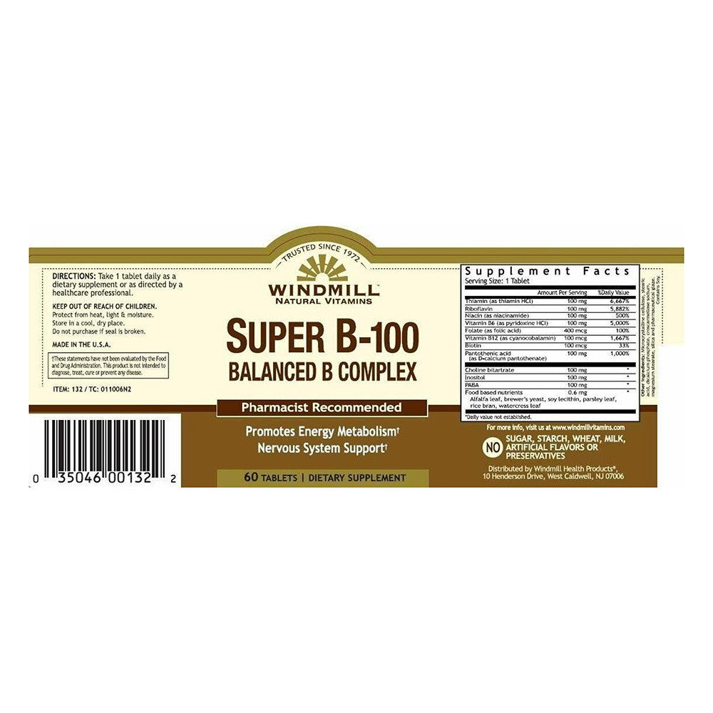 Windmill Super B-100 Balance B Complex Tablets - 60 Ea
