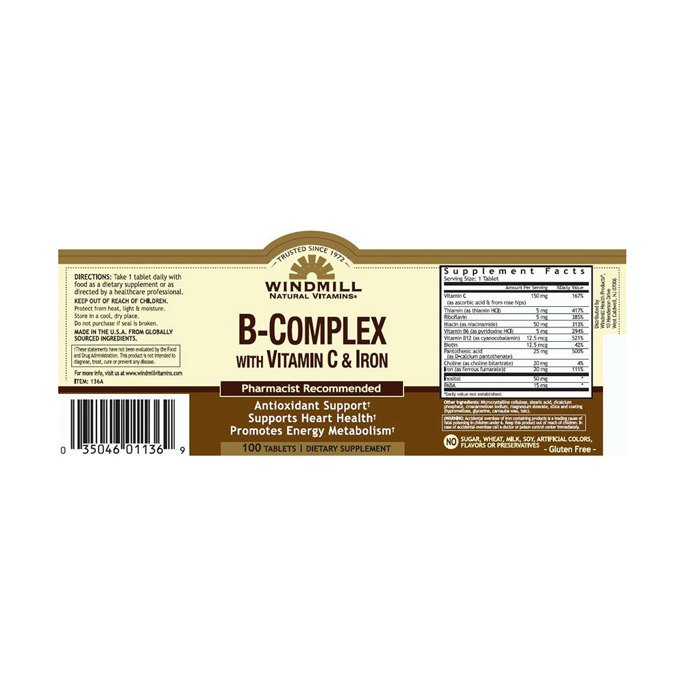 Windmill B-Complex Tablets With Vitamin C and Iron Tablets, 100 Ea