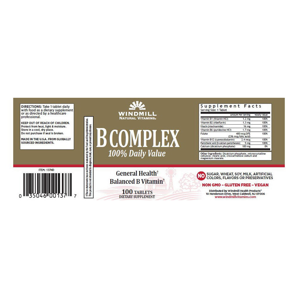 Windmill Vitamin B-Complex (100% Daily Value) Tablets, 100 Ea